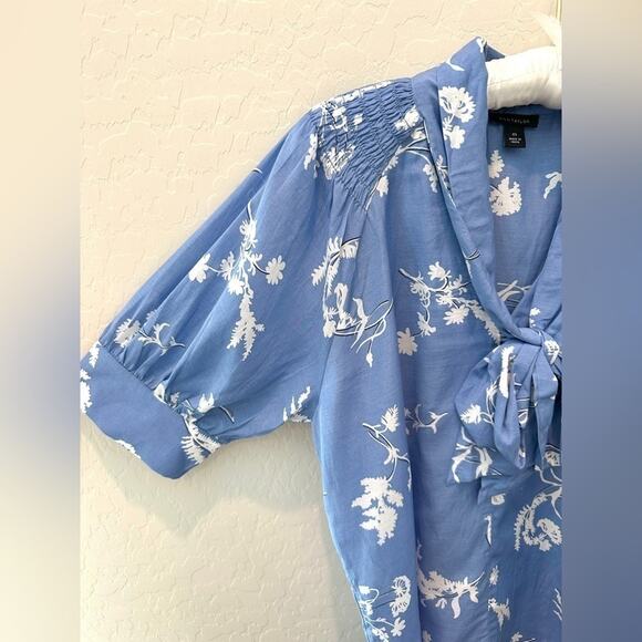 ANN TAYLOR | Blue & White Cottagecore Floral Neck Tie Puff Sleeve Blouse | XS - Picture 3 of 6